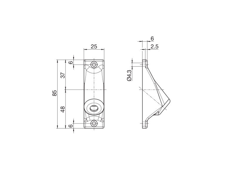 Gelenklager 90° PVC 25 mm x 85 mm, 2 - Loch 11,9 mm Ø, 6 mm 6 - Kant