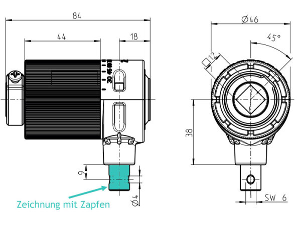 Kegelradgetriebe Kunststoff 2:1 rechts 6 mm 4-Kant 12 mm 4-Kant mit Zapfen