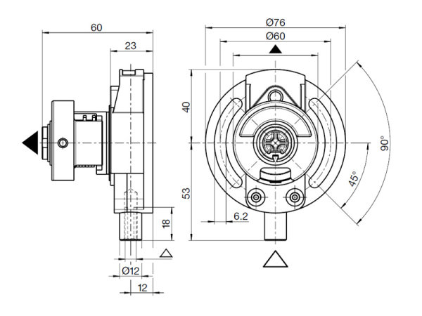 Kegelradgetriebe 3:1 für 50er Rundwelle 6 mm 4-kant beidseitig verwendbar, mit Endanschlag