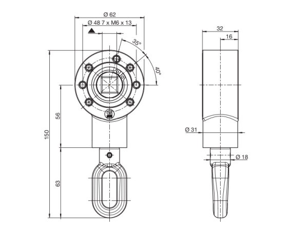 Kegelradgetriebe 2,7:1 mit 13 mm Innenvierkant, Zinköse, beidseitig verwendbar